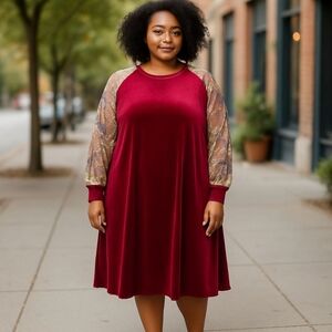 SHEIN Burgundy Velvet Dress Floral Mesh Long Sleeve Elegant Evening Party Dress